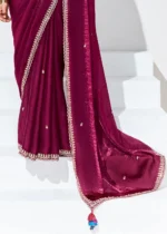 Burgundy Embroidered Organza Silk Saree