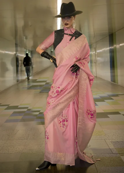 Carnation Pink Banarasi Katan Silk Saree