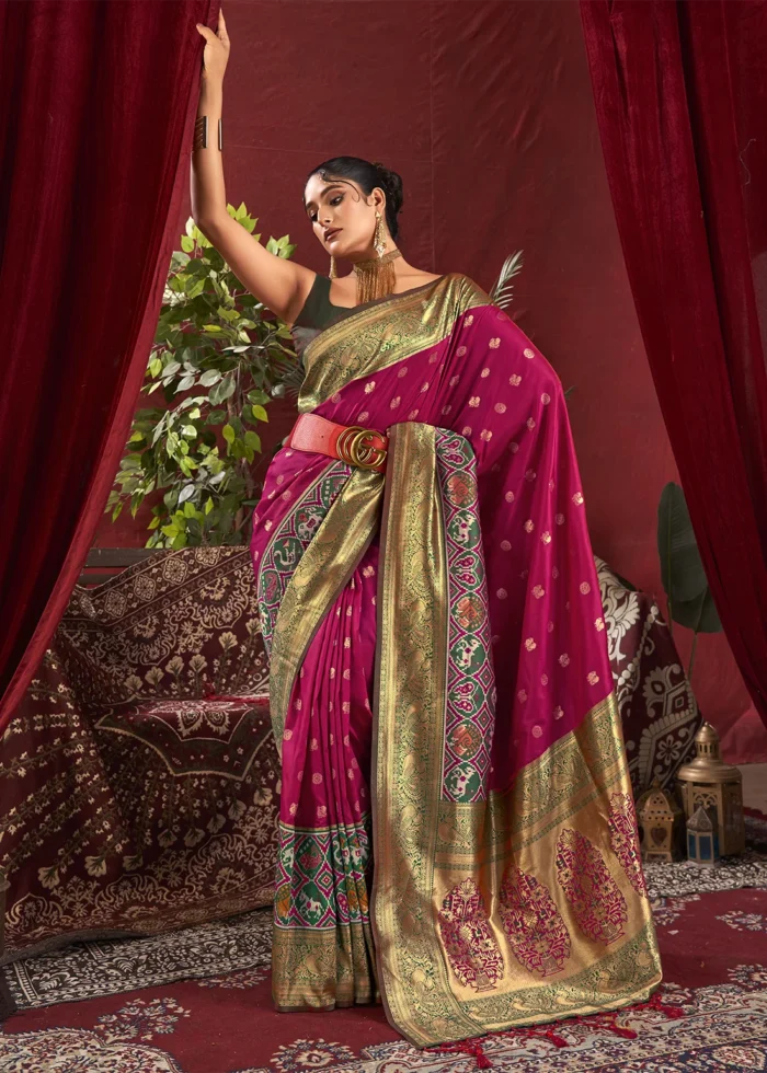 Claret Violet Paithani Silk Saree with Patola Border