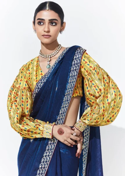 Cobalt Blue Embroidered Organza Silk Saree