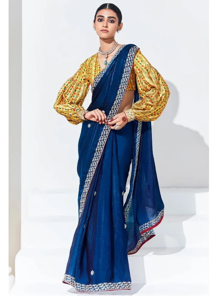 Cobalt Blue Embroidered Organza Silk Saree