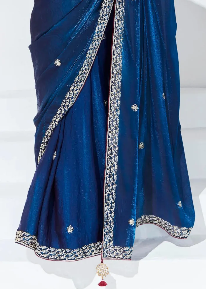 Cobalt Blue Embroidered Organza Silk Saree