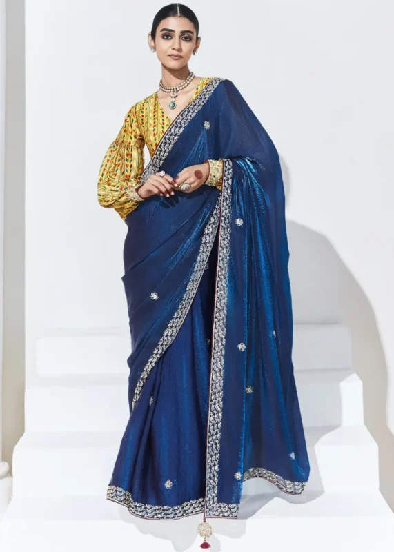 Cobalt Blue Embroidered Organza Silk Saree