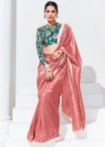 Coral Peach Embroidered Organza Silk Saree