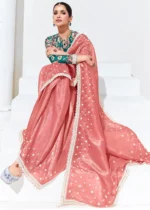 Coral Peach Embroidered Organza Silk Saree