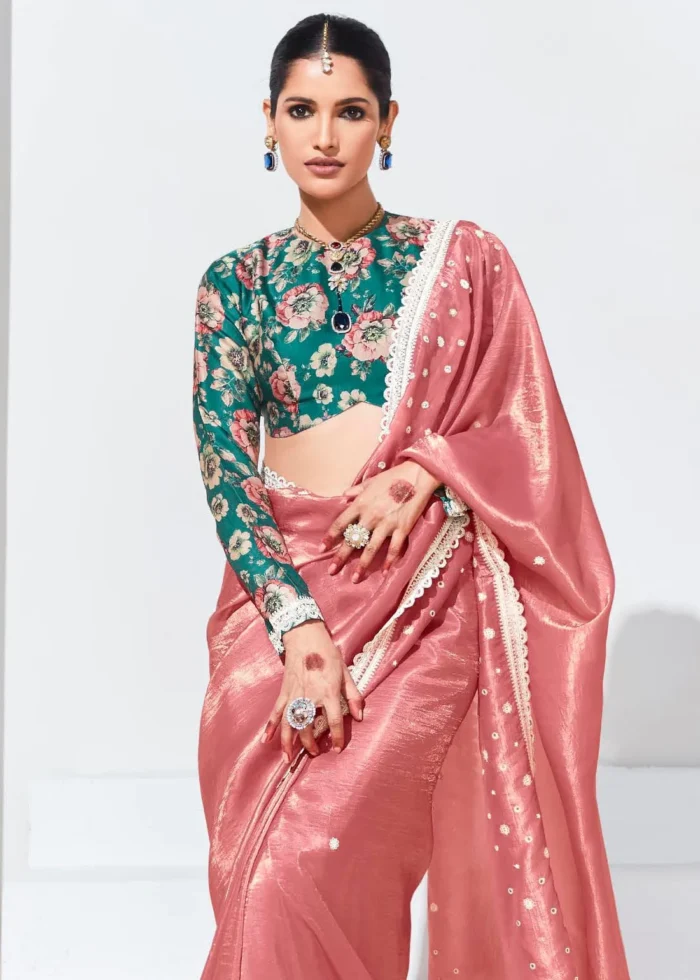 Coral Peach Embroidered Organza Silk Saree