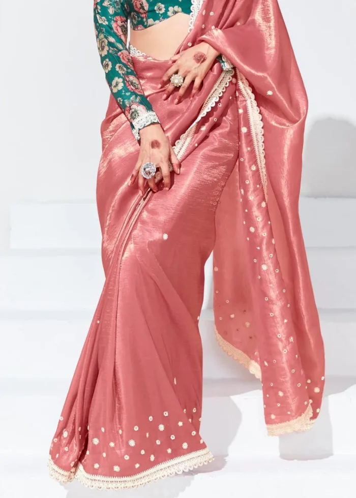 Coral Peach Embroidered Organza Silk Saree