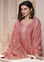 Coral Peach Georgette Silk Printed Suit