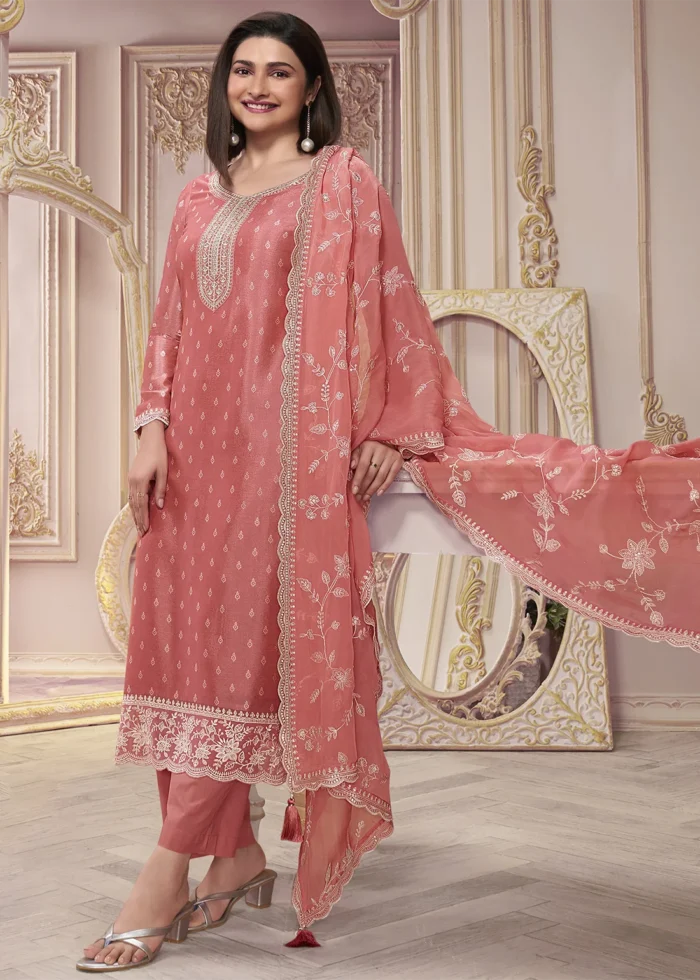 Coral Peach Georgette Silk Printed Suit