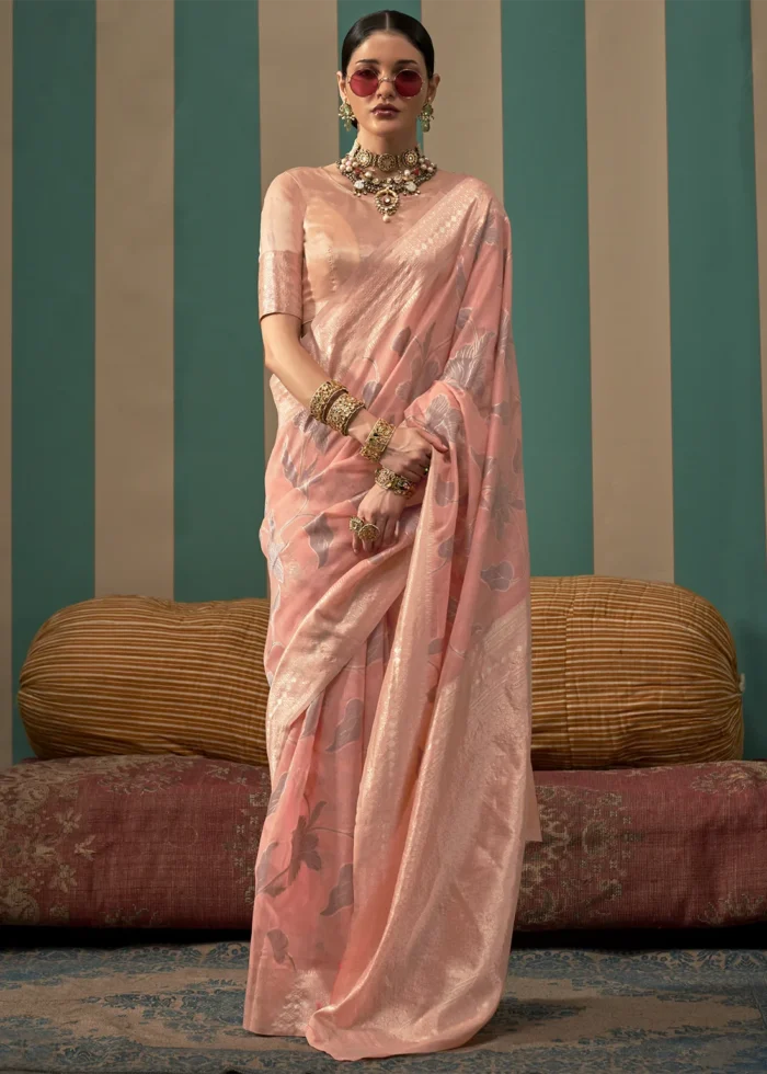 Coral Peach Linen Saree