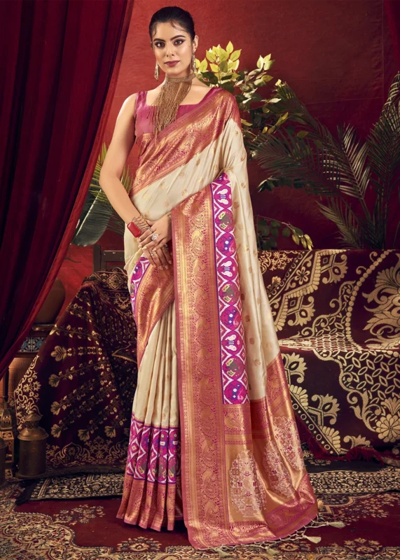 Cream Paithani Silk Saree with Patola Border