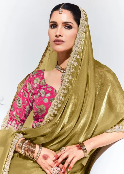 Golden Olive Embroidered Organza Silk Saree