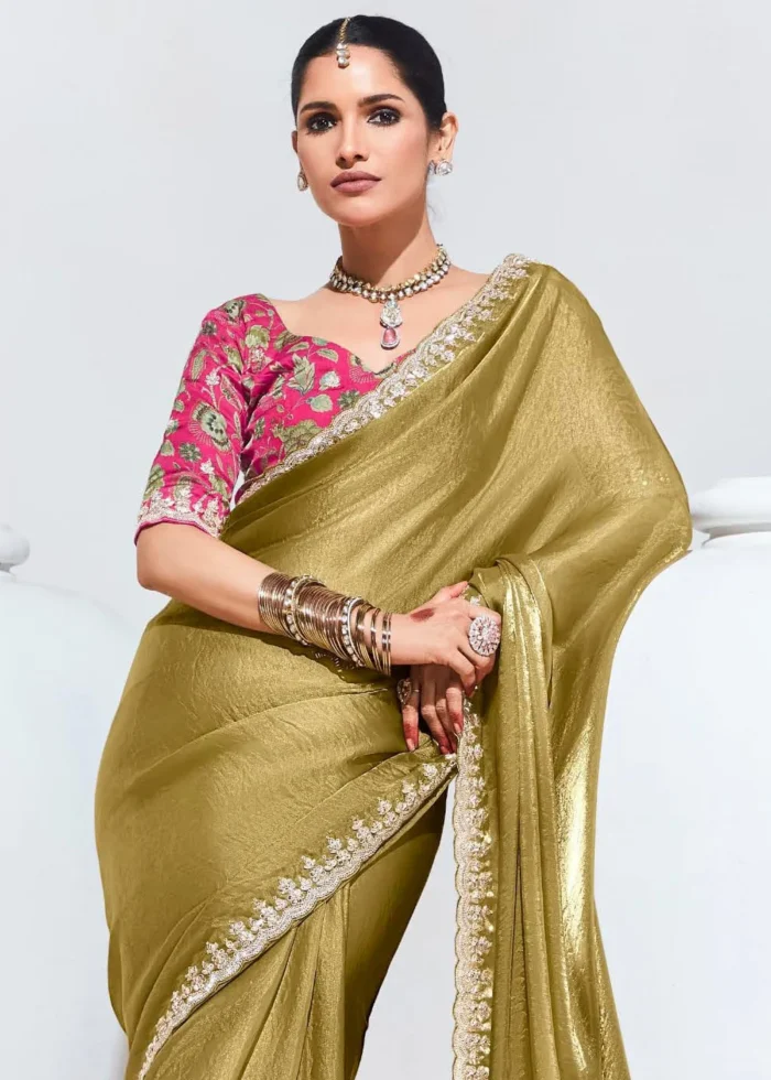 Golden Olive Embroidered Organza Silk Saree