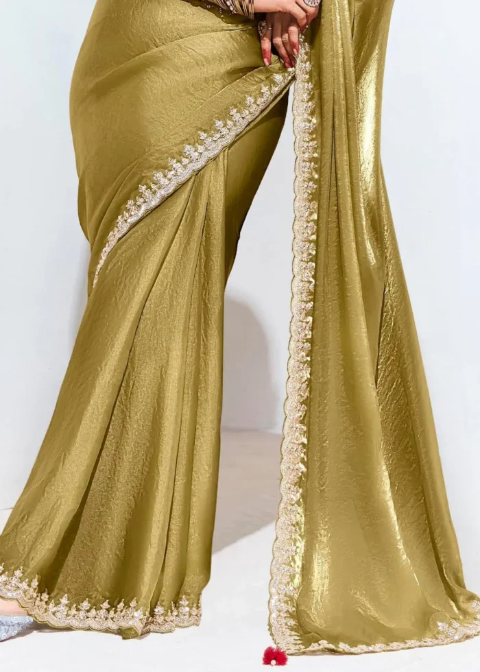 Golden Olive Embroidered Organza Silk Saree