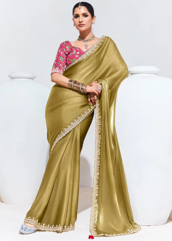 Golden Olive Embroidered Organza Silk Saree