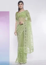 Green Embroidered Net Saree