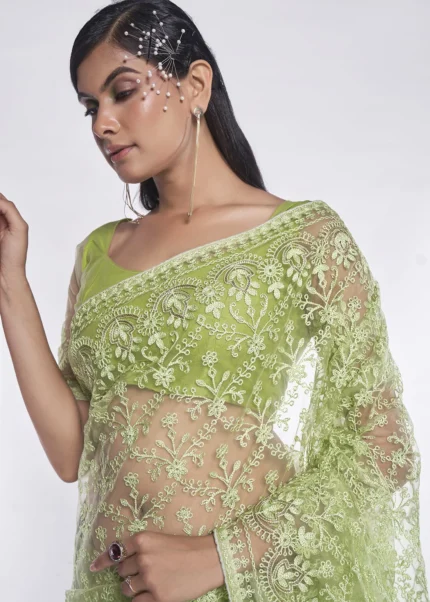 Green Embroidered Net Saree