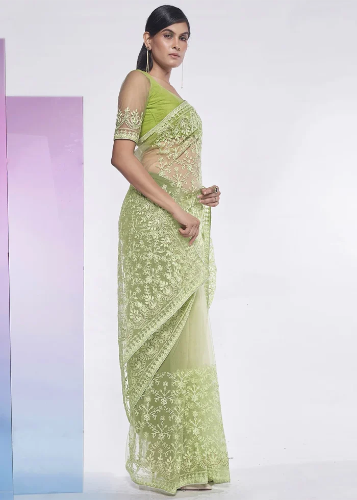 Green Embroidered Net Saree