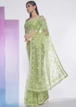 Green Embroidered Net Saree