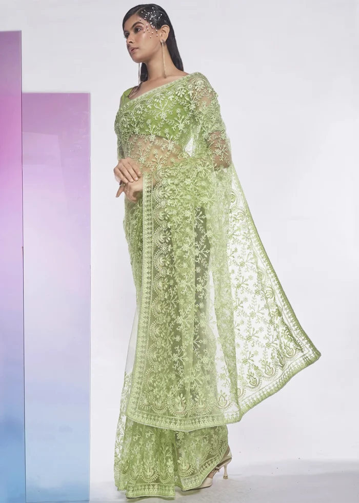 Green Embroidered Net Saree