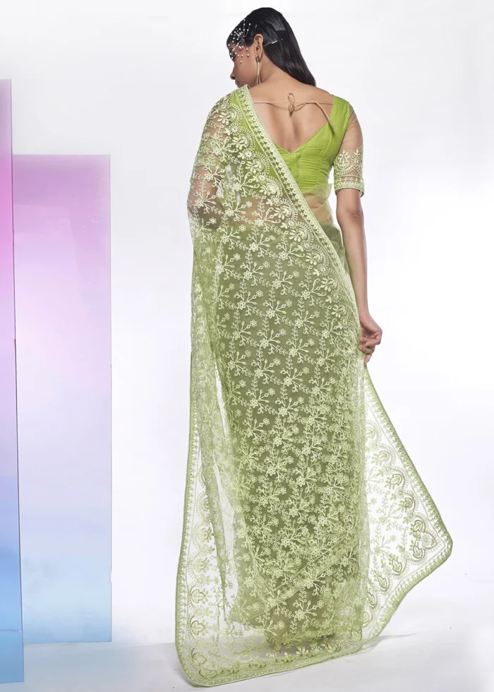 Green Embroidered Net Saree