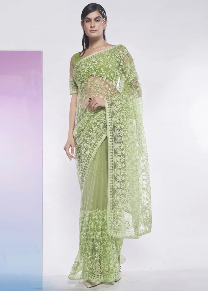 Green Embroidered Net Saree