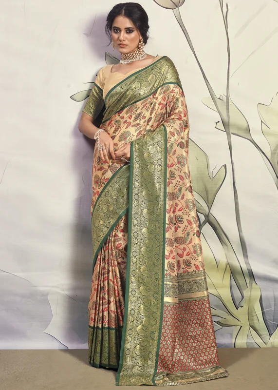 Green and Beige Dharmavaram Silk Saree