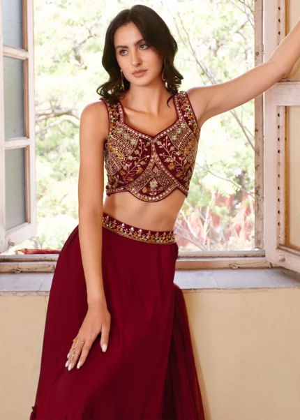 Maroon Embroidered Georgette Crop Top Skirt