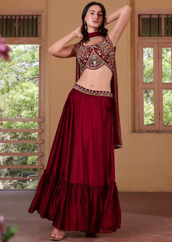 Maroon Embroidered Georgette Crop Top Skirt