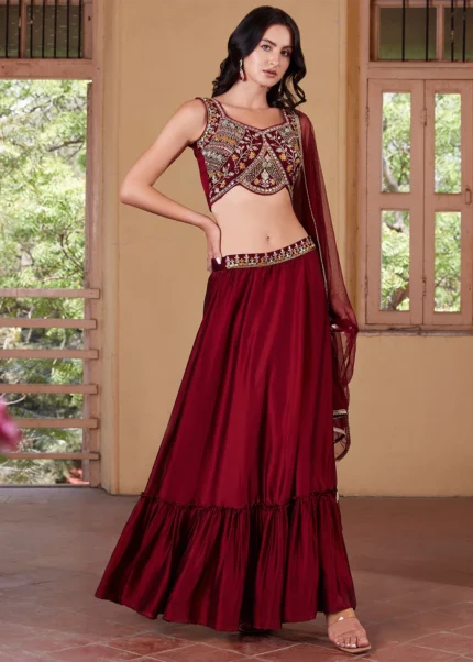 Maroon Embroidered Georgette Crop Top Skirt