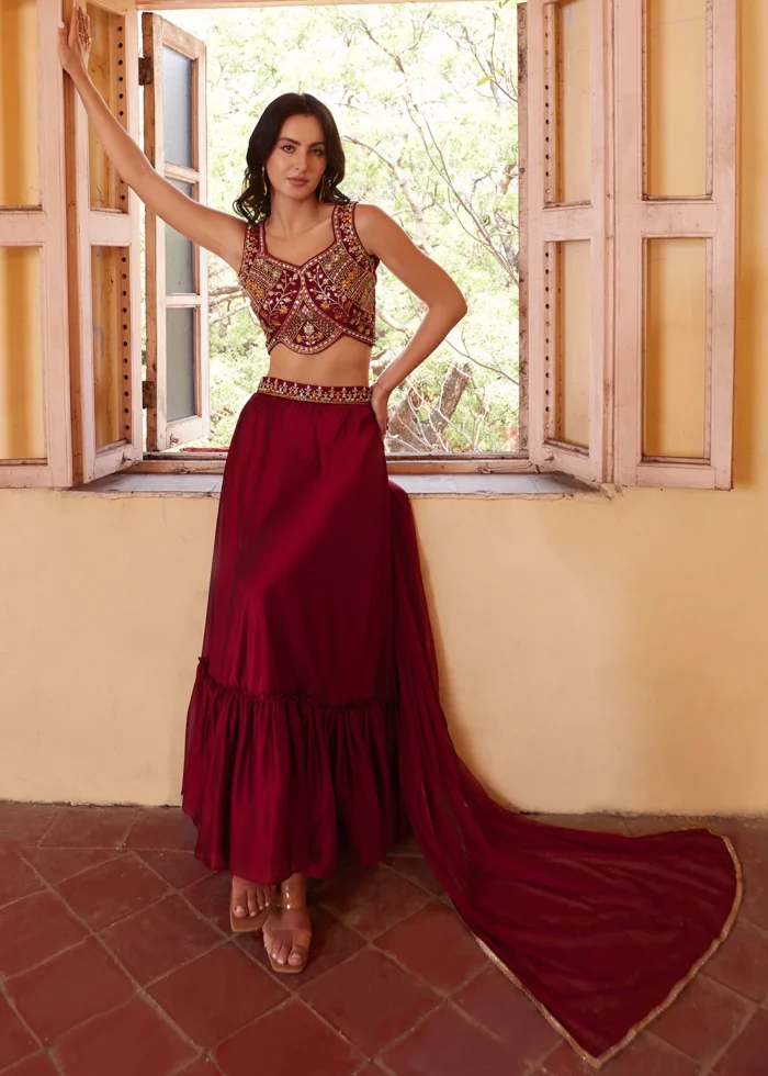 Maroon Embroidered Georgette Crop Top Skirt