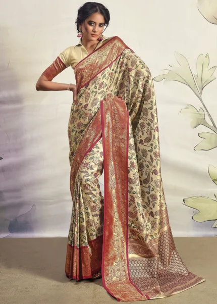 Maroon and Beige Dharmavaram Silk Saree