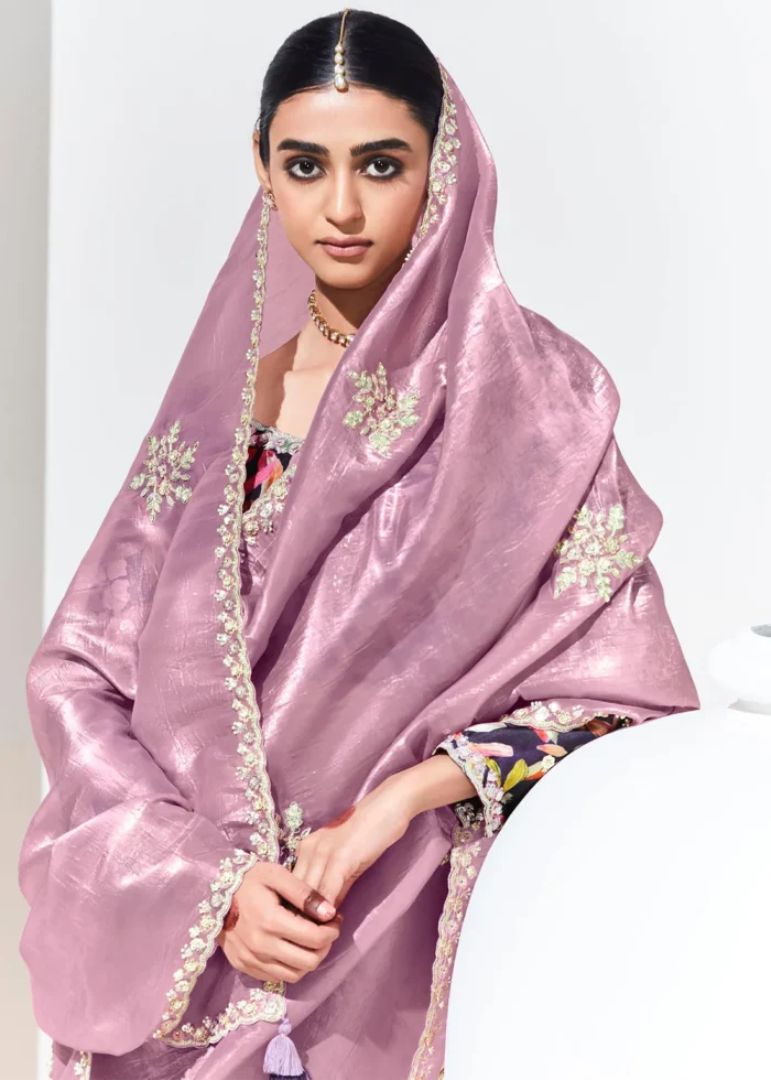 Mauve Embroidered Organza Silk Saree