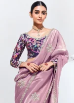 Mauve Embroidered Organza Silk Saree