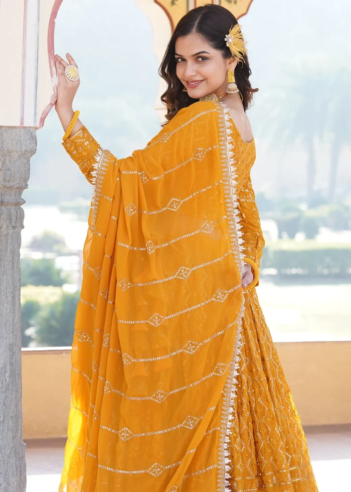 Mustard Yellow Embroidered Georgette Lehenga