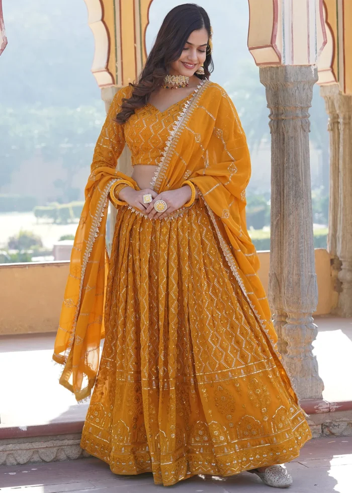 Mustard Yellow Embroidered Georgette Lehenga