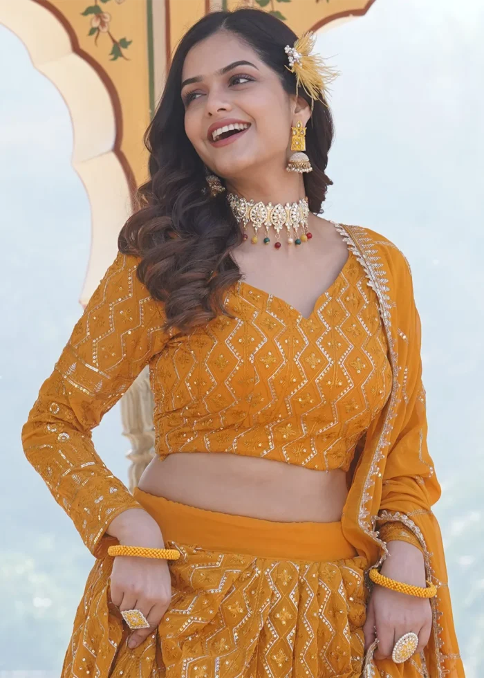 Mustard Yellow Embroidered Georgette Lehenga