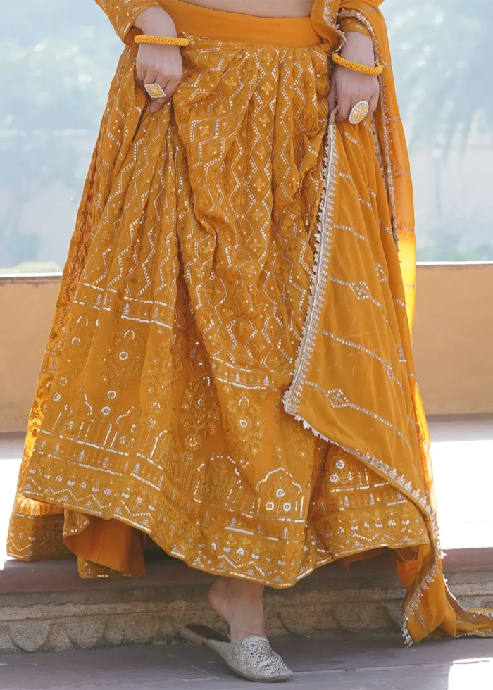 Mustard Yellow Embroidered Georgette Lehenga