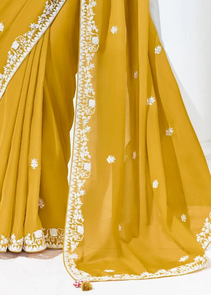 Mustard Yellow Embroidered Organza Silk Saree