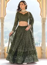 Olive Green Embroidered Georgette Lehenga