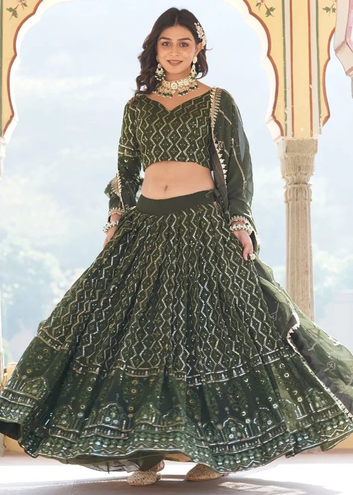 Olive Green Embroidered Georgette Lehenga