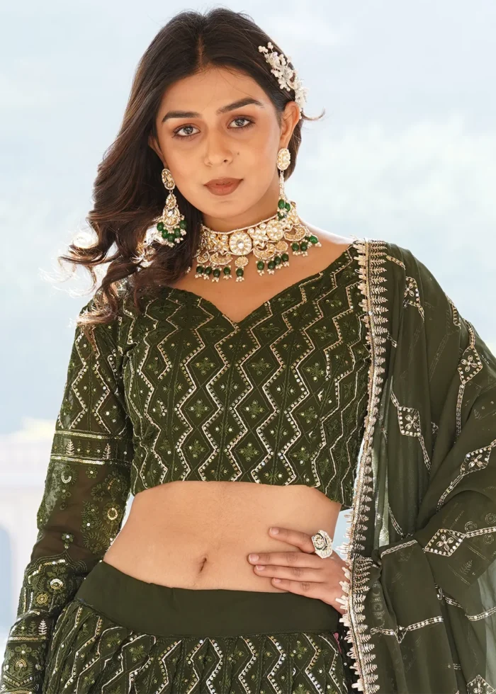 Olive Green Embroidered Georgette Lehenga