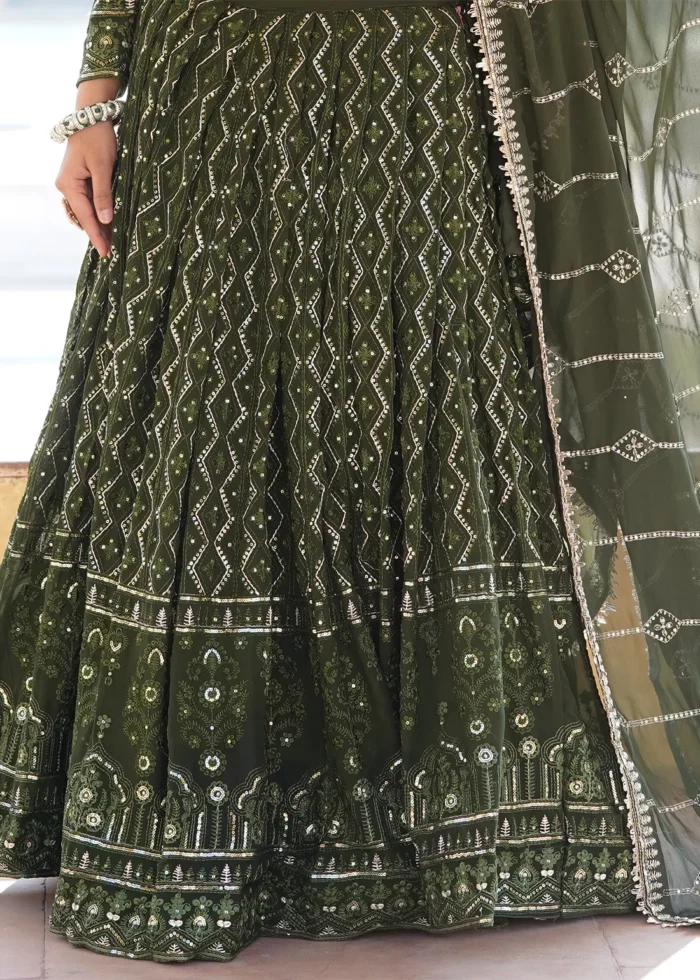 Olive Green Embroidered Georgette Lehenga