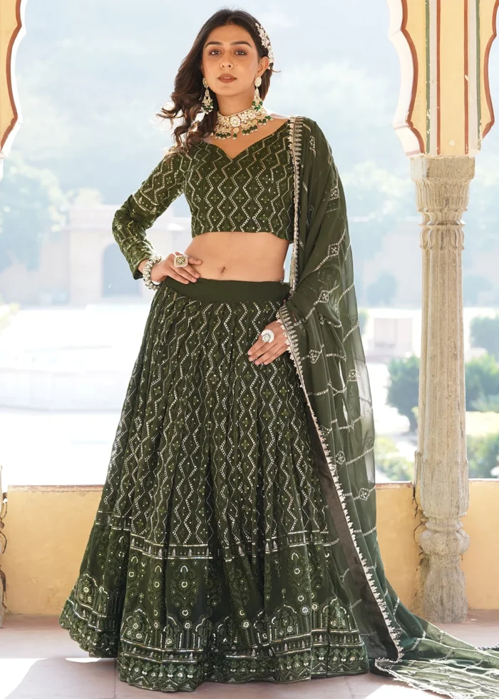 Olive Green Embroidered Georgette Lehenga