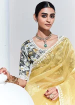 Pastel Yellow Embroidered Organza Silk Saree