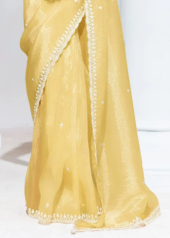 Pastel Yellow Embroidered Organza Silk Saree