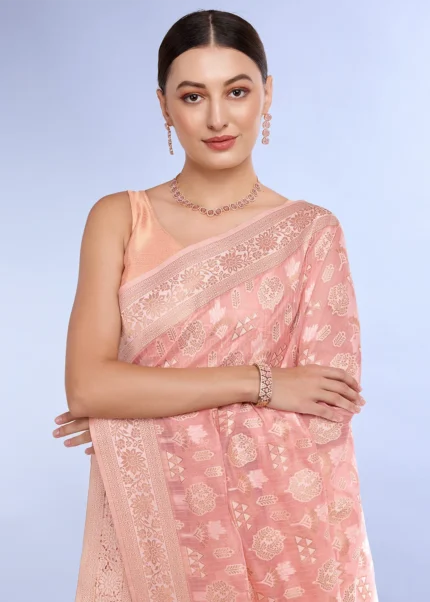 Peach Banarasi Organza Silk Saree