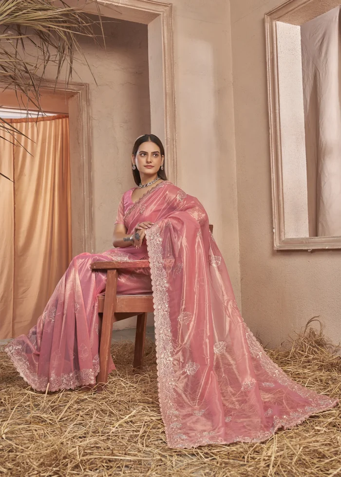 Peach Embroidered Net Saree with Stone Work