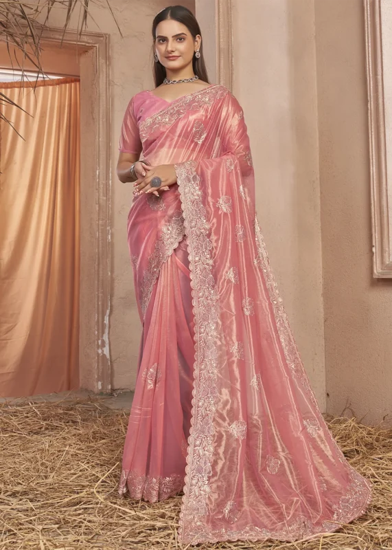 Peach Embroidered Net Saree with Stone Work