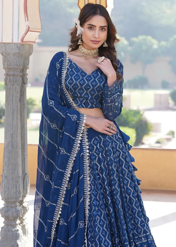 Peacock Blue Embroidered Georgette Lehenga